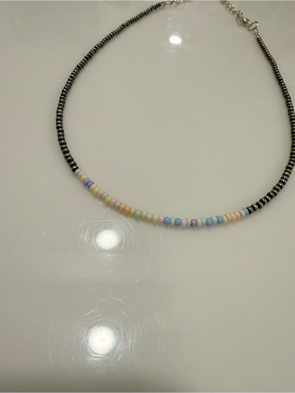 Navajo Style Sterling Silver Beaded Choker Necklace w/ Pastel Multicolor Accent - Picture 3 of 4